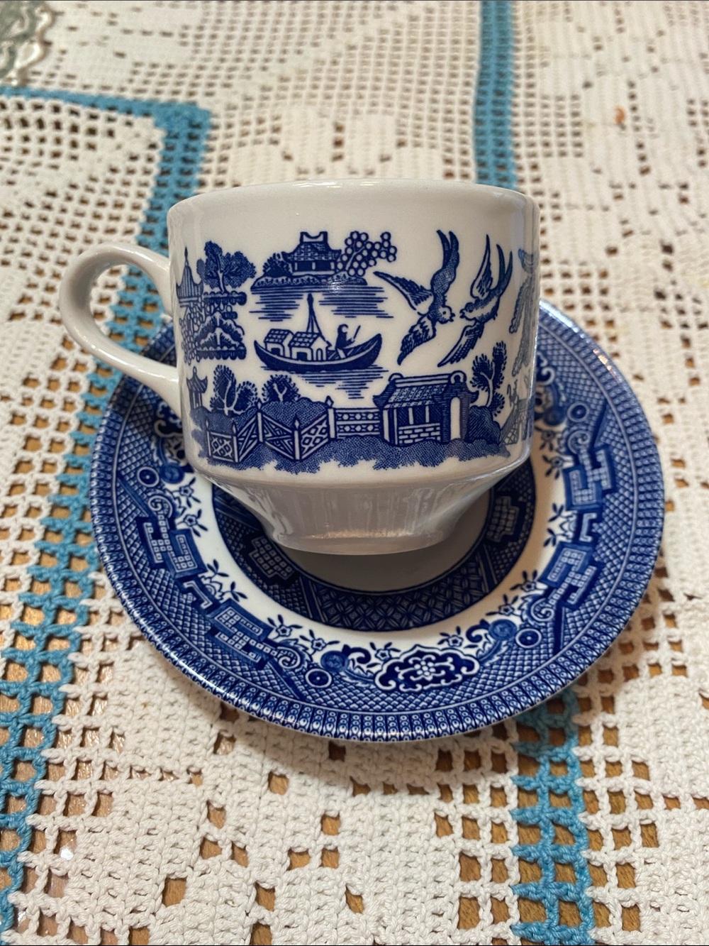 Churchill Staffordshire England Blue Willow Teacup and Saucer set